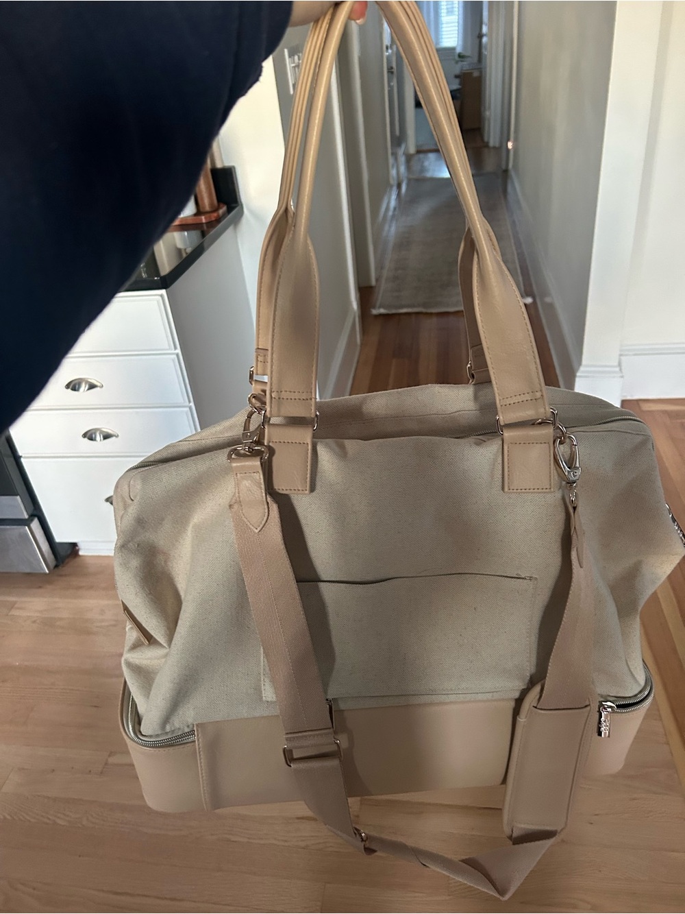 Beige Canvas & Leather Travel Tote Bag for Men
